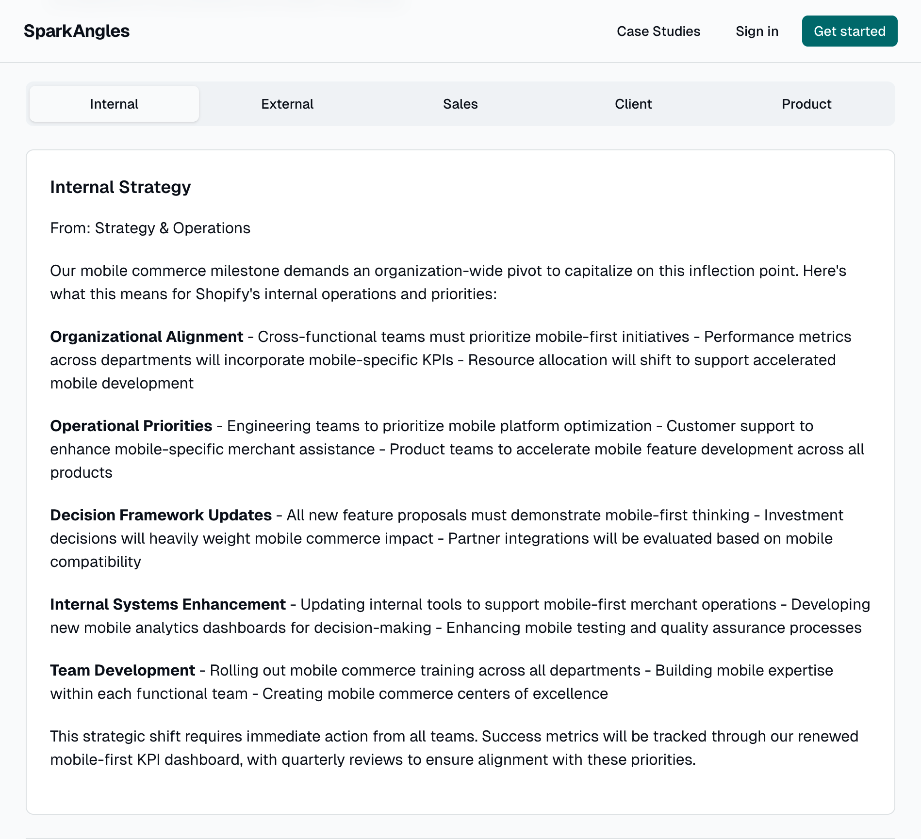 SparkAngles insight tabs showing Internal Strategy, External Thought Leadership, Sales Positioning, Client Insights, and Product Direction